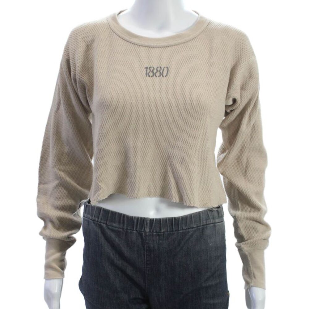 Riley Womens Cropped T-Shirt Beige Cotton Long Sleeve Size S